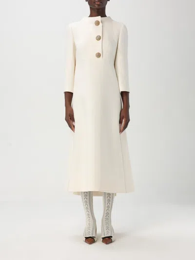 Valentino Quarter-sleeve Brooch Wool Midi Dress In Neutral