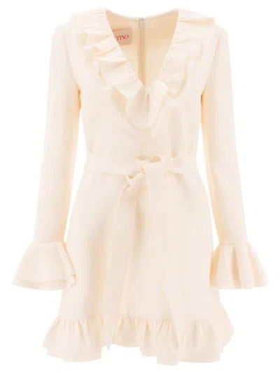 Valentino Belted Waist Dress Ruffled Accents In White