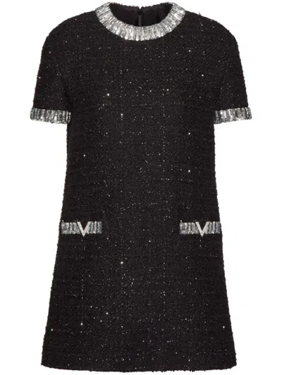 Valentino Tweed Embroidered Mini Dress With Patch Pockets In Black Silver
