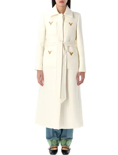 Valentino Womens Brand-hardware Single-breasted Wool-blend Long Coat Avorio