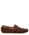 Valentino Garavani Driver Fastaway Loafer With Fringes And Decorative Studs In Brown
