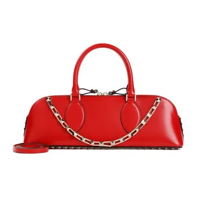Valentino Garavani Duffle Rockstud Red Calf Leather Handbag In Rouge Pur
