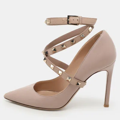 Pre-owned Valentino Garavani Dusty Beige Rockstud Ankle Wrap Pointed Toe Pumps Size 36