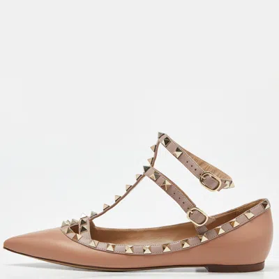 Pre-owned Valentino Garavani Dusty Pink Leather Rockstud Ankle Strap Ballet Flats Size 37