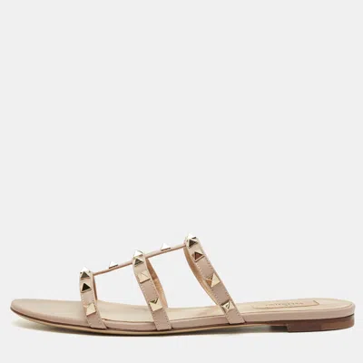 Pre-owned Valentino Garavani Dusty Pink Leather Rockstud Flat Slides Size 40