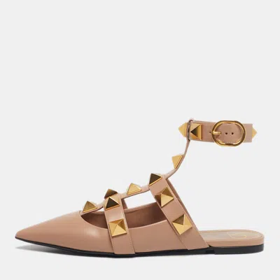 Pre-owned Valentino Garavani Dusty Pink Leather Roman Stud Ankle Strap Flats Size 41