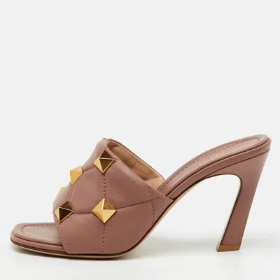 Pre-owned Valentino Garavani Dusty Pink Leather Roman Stud Slide Sandals Size 38.5