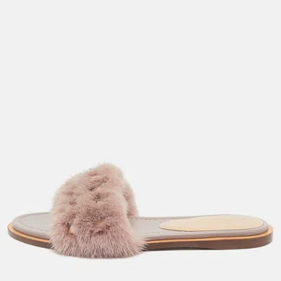 Pre-owned Valentino Garavani Dusty Pink Mink Fur Rockstud Flat Slide Sandals Size 39