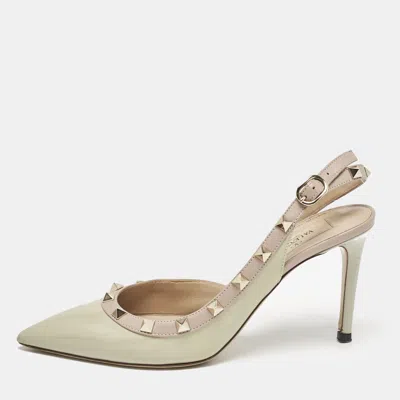 Pre-owned Valentino Garavani Dusty Pink/green Patent And Leather Rockstud D'orsay Slingback Pumps Size 37