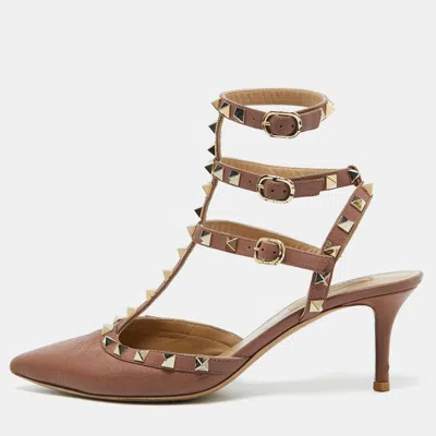 Pre-owned Valentino Garavani Dusty Rose Pink Leather Rockstud Ankle Strap Pumps Size 38.5