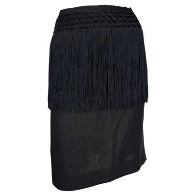 Pre-owned Valentino Early 1990s  Garavani Fringe Knit Black Linen Pencil Skirt