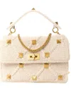Valentino Ecru Knit Roman Canvas Large Roman Stud Shoulder Bag (authentic Pre-  Loved)