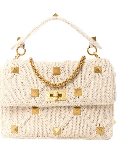 Valentino Garavani Valentino Ecru Knit Roman Canvas Large Roman Stud Shoulder Bag (authentic Pre-  Loved)