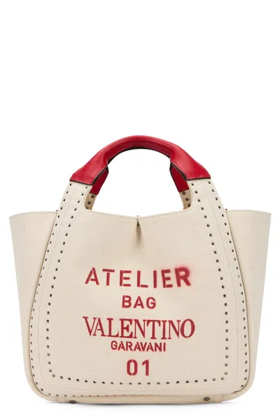 Valentino Garavani Elegant Beige Tote Bag With Red Details In White