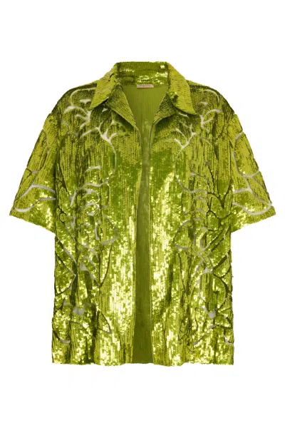 Valentino Elegant Green Shirt With Sequins And Short Sleeves In An Oversized Fit.
