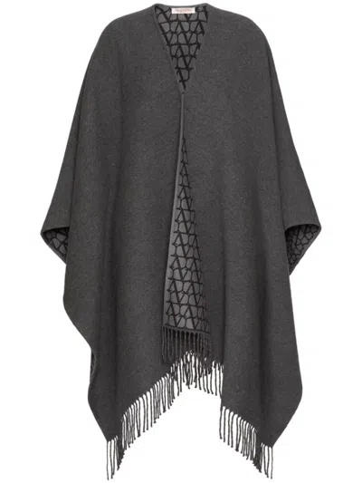 Valentino Iconographic Wool And Silk Blend Poncho In Grey