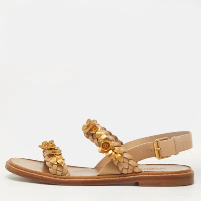 Pre-owned Valentino Garavani Ellis Size 37 Beige Leather Floral Embellished Ankle Strap Sandals