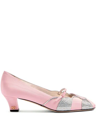 Valentino Garavani Embellished Bow Detail Pumps With Low Block Heel In Pink