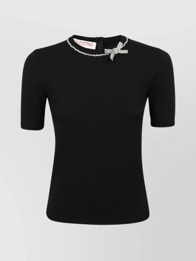 Valentino Embellished Collar Ribbed Knit Top In Black