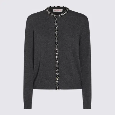 Valentino Embellished Crewneck Cardigan In Grey Dark Melange