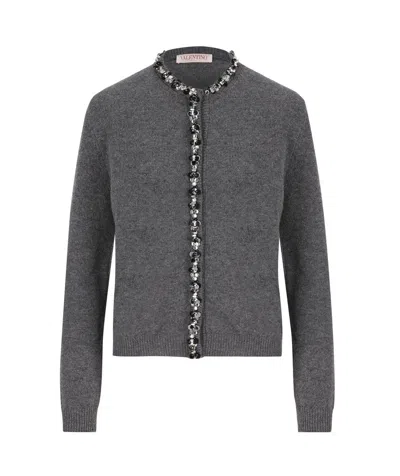 Valentino Wool Cardigan With Embroidered Trim In Grey