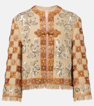 Valentino Garavani Linen Blazer With Intricate Ethnic Embroidery In Brown