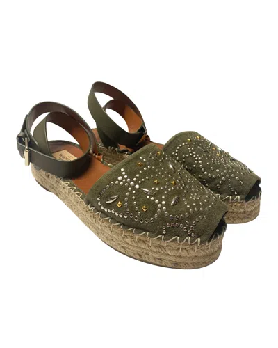 Valentino Garavani Embellished Espadrilles In Khaki Suede In Green