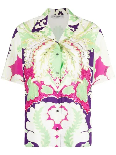 Valentino Garavani Embellished Floral-print Shirt In Blue