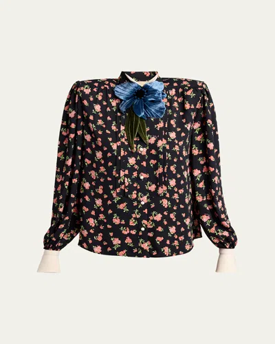 Valentino Embellished Floral-print Shirt In Black