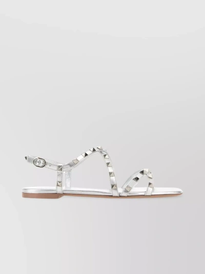 Valentino Garavani Embellished Metallic Leather Sandals In White