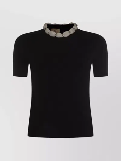 VALENTINO EMBELLISHED NECKLINE FITTED SHORT SLEEVE KNITWEAR