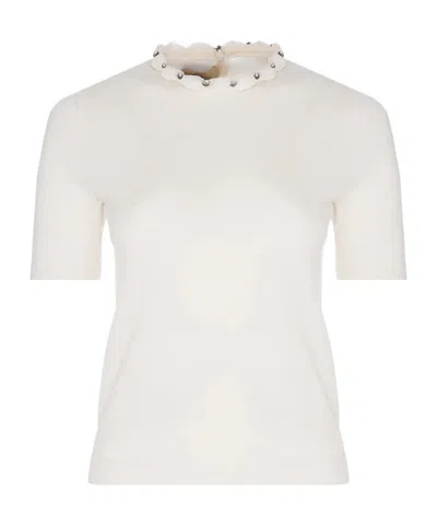 Valentino Embellished Scalloped Virgin Wool Blouse In Ivory White
