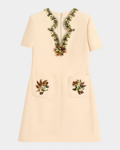 VALENTINO EMBELLISHED SHORT-SLEEVE CREPE MINI DRESS
