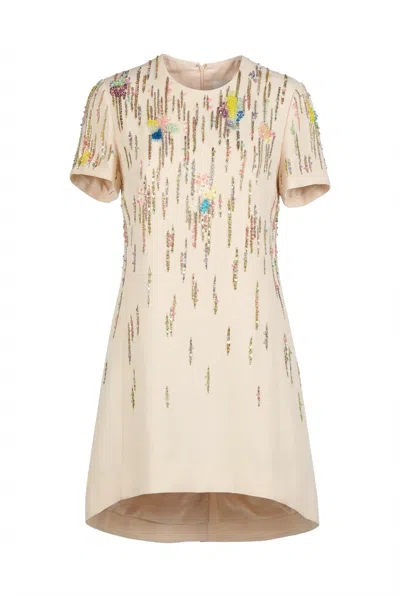 Valentino Embellished Silk Dress In Neutral