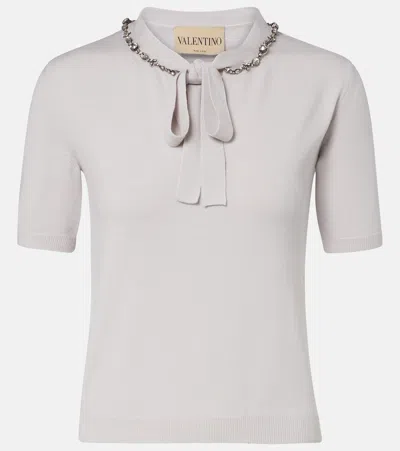 Valentino Embellished Tie-neck Virgin Wool Sweater In White