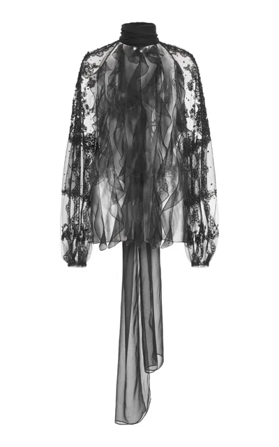 Valentino Embellished Tulle Blouse In Black