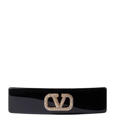 Valentino Garavani Vlogo-plaque Crystal-embellished Hair Clip In Black