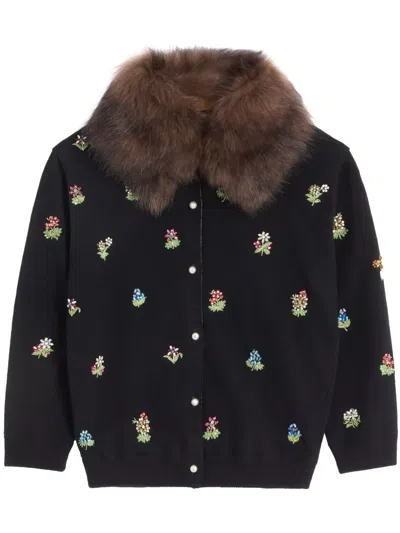 Valentino Virgin Wool Floral Cardigan In Nero