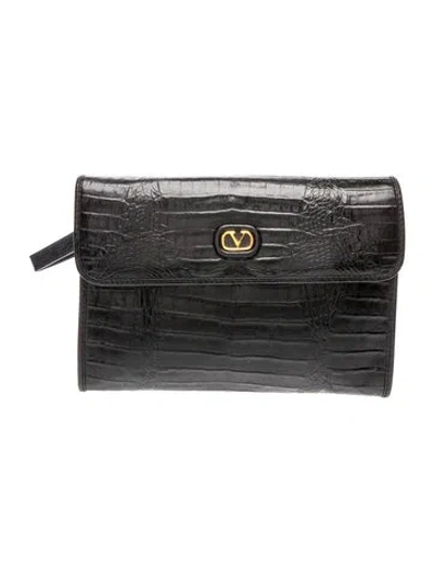 Pre-owned Valentino Garavani Embossed Leather Clutch Vintage In Black