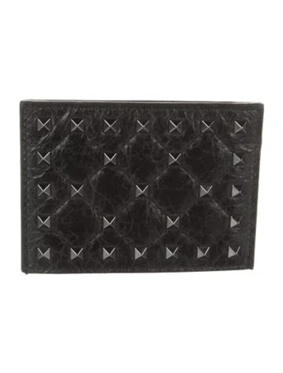 Pre-owned Valentino Garavani Embossed Leather Printed Card Holder In Black