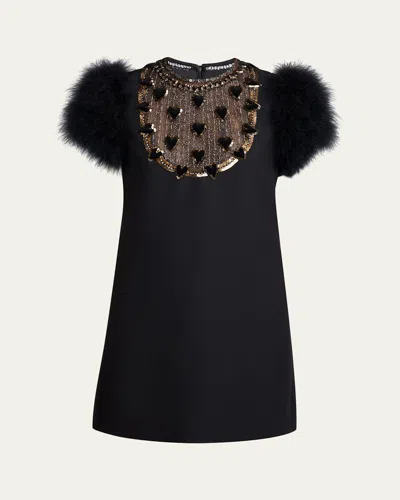 Valentino Embroidered Bib Feather-sleeve Mini Dress In Multi