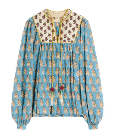 VALENTINO COTTON AND LUREX TOP WITH PETALES D'AMOUR EMBROIDERED PRINT