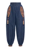 Valentino Embroidered Chambray Balloon-leg Pants