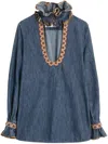 Valentino Womens Embroidered Frilled Cotton-denim Shirt Medium Blue Denim In Blue