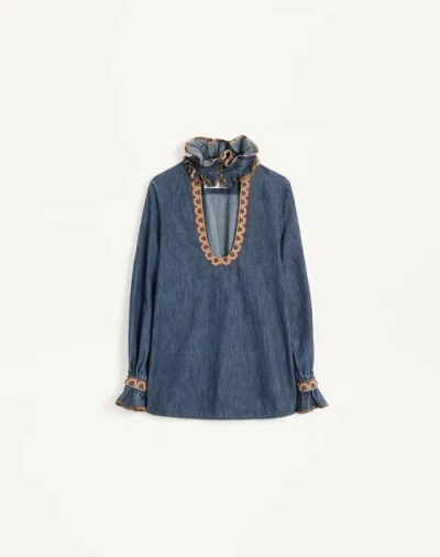 VALENTINO VALENTINO EMBROIDERED CHAMBRAY DENIM TOP WOMAN DENIM 44
