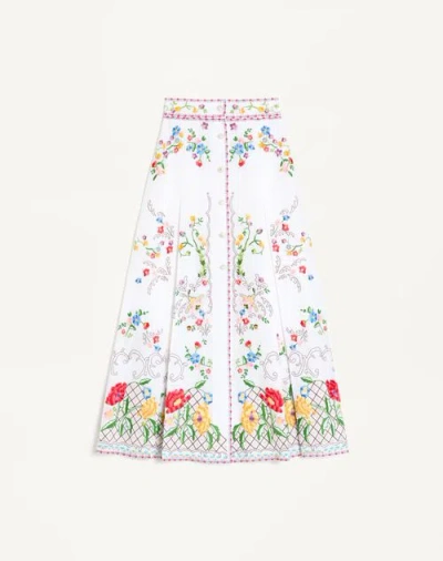 VALENTINO VALENTINO EMBROIDERED COTTON AND LINEN SKIRT WOMAN WHITE/MULTICOLOUR 42