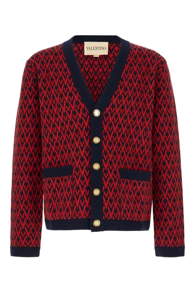 Valentino Toute La V Jacquard Wool Cardigan In Red