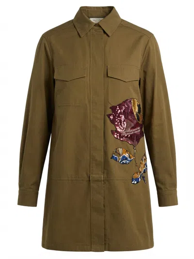 Valentino Embroidered Cotton Overshirt In Green
