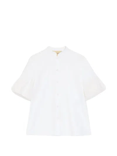 Valentino Cotton Shirt Mandarin Collar Pleated Sleeves In White