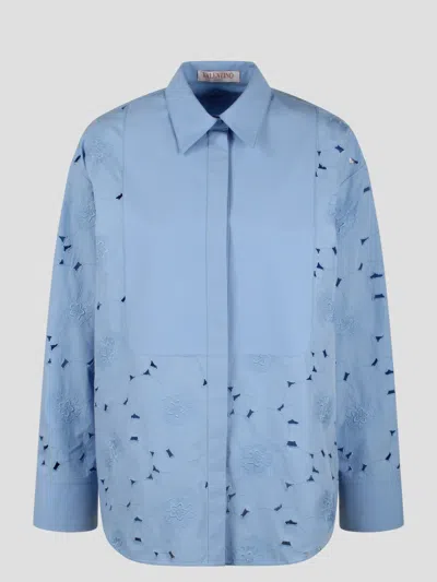 Valentino Embroidered Cotton Poplin Shirt In Blue